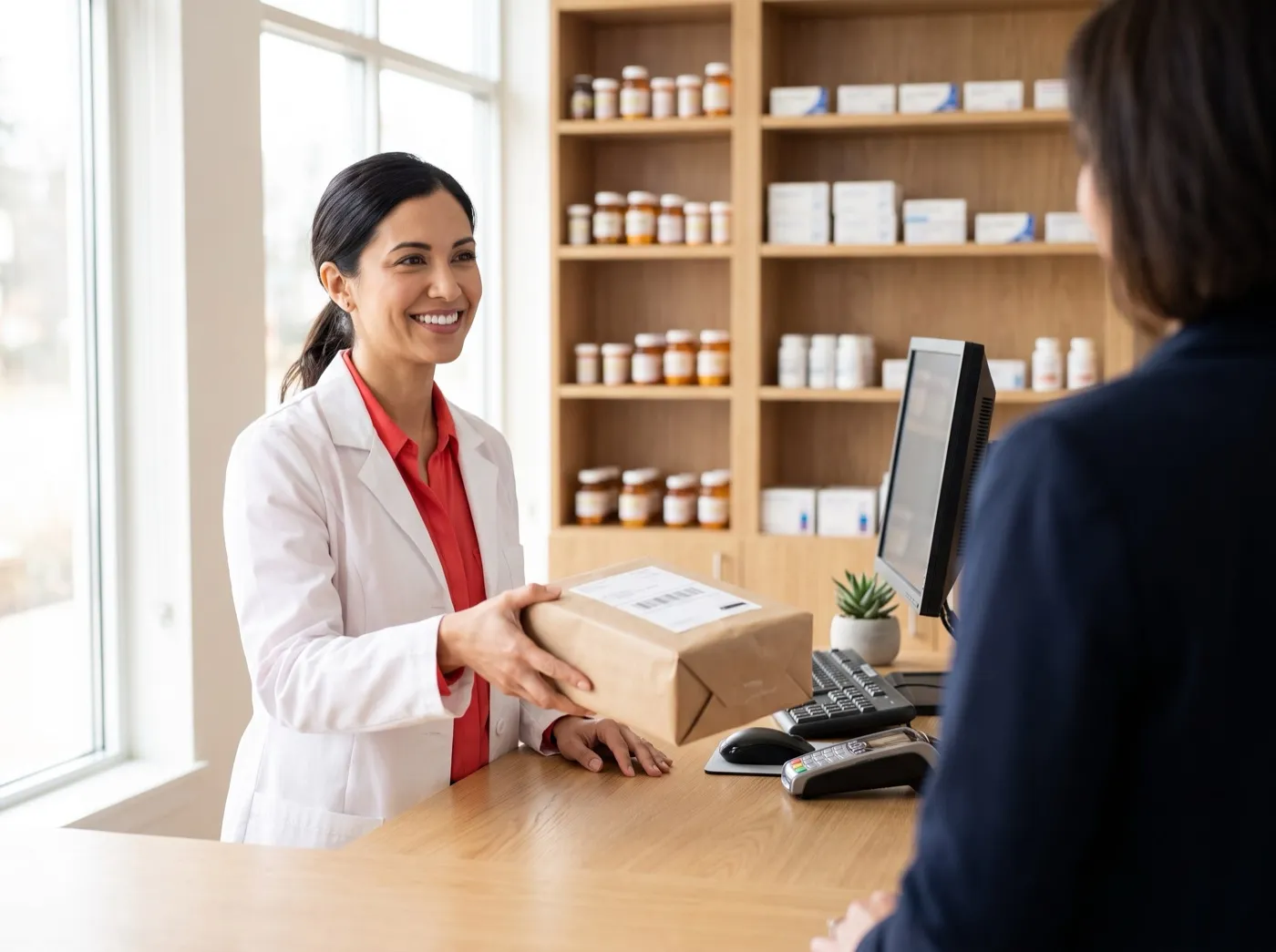 A smiling pharmacist handing a wrapped medication package to a customer across the counter.