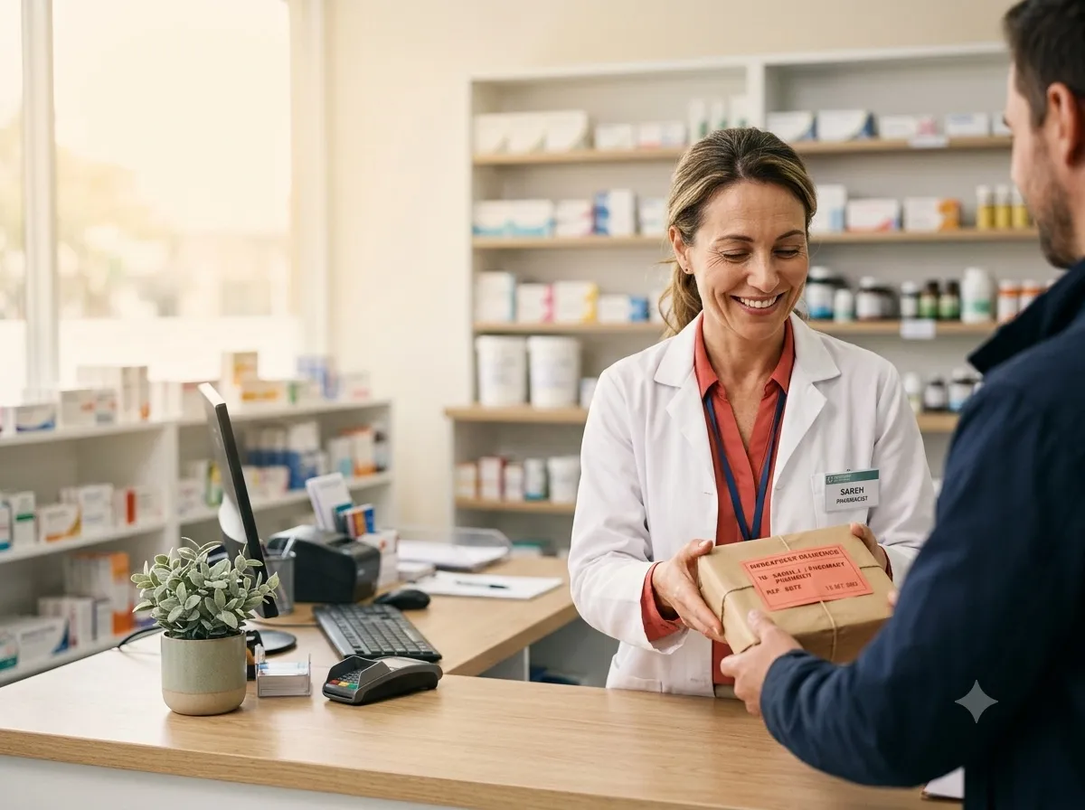 A smiling pharmacist handing a wrapped medication package to a customer across the counter.